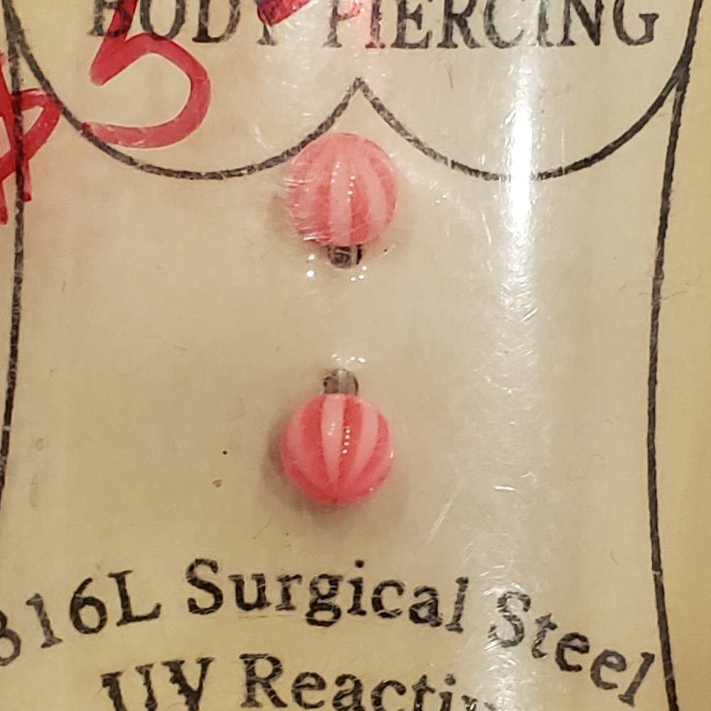 316 Grade Silver Surgical Steel Curved Naval Piercing UV reactive Pink stripes